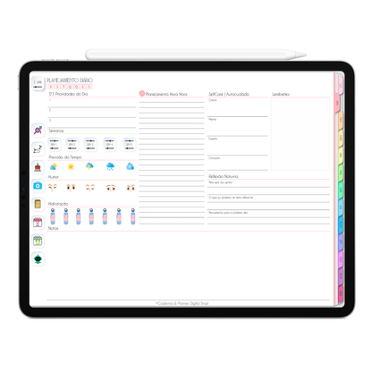 Planner Diário, planejamento do dia com agenda hora a hora no Planner Digital 2026 Life In Colors Horizontal da Cadernos & Planner Digital Brasil visualizada em um iPad ou Tablet Android, compatível com GoodNotes e Notein.