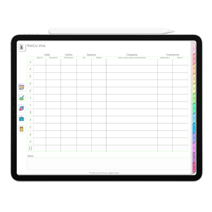 Planner Financeiro de finanças anual do Planner Digital 2026 Life In Colors Horizontal da Cadernos & Planner Digital Brasil visualizada em um iPad ou Tablet Android, compatível com GoodNotes e Notein.