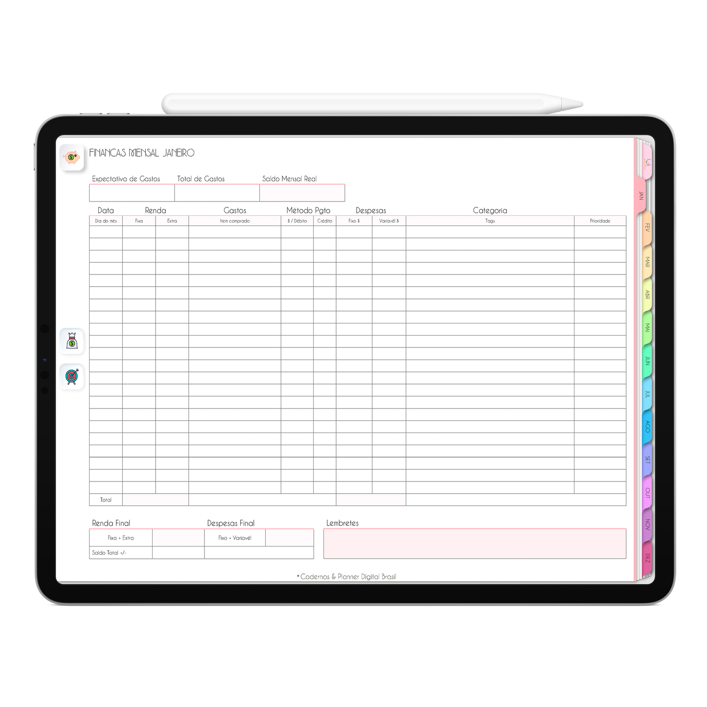 Planner Financeiro mensal, controle das finanças no Planner Digital 2026 Life In Colors Horizontal da Cadernos & Planner Digital Brasil visualizada em um iPad ou Tablet Android, compatível com GoodNotes e Notein.