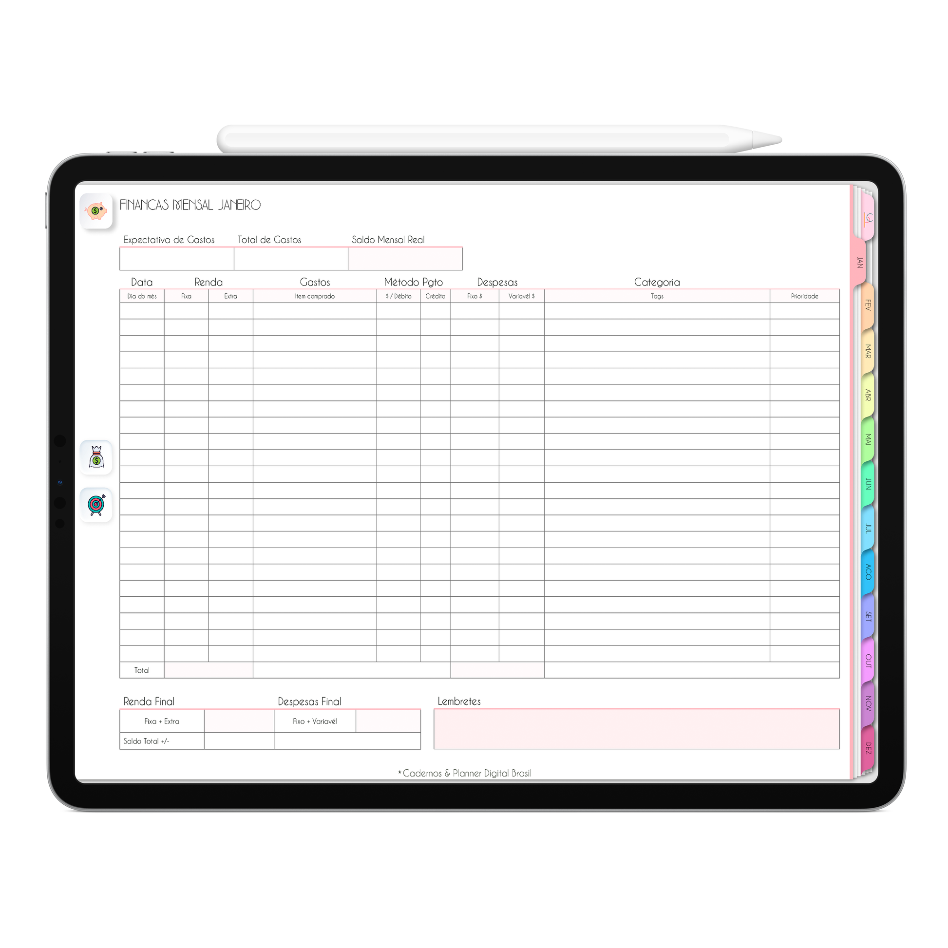 Planner Financeiro mensal, controle das finanças no Planner Digital 2026 Life In Colors Horizontal da Cadernos & Planner Digital Brasil visualizada em um iPad ou Tablet Android, compatível com GoodNotes e Notein.