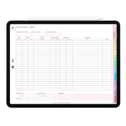 Planner Financeiro mensal, controle das finanças no Planner Digital 2026 Life In Colors Horizontal da Cadernos & Planner Digital Brasil visualizada em um iPad ou Tablet Android, compatível com GoodNotes e Notein.