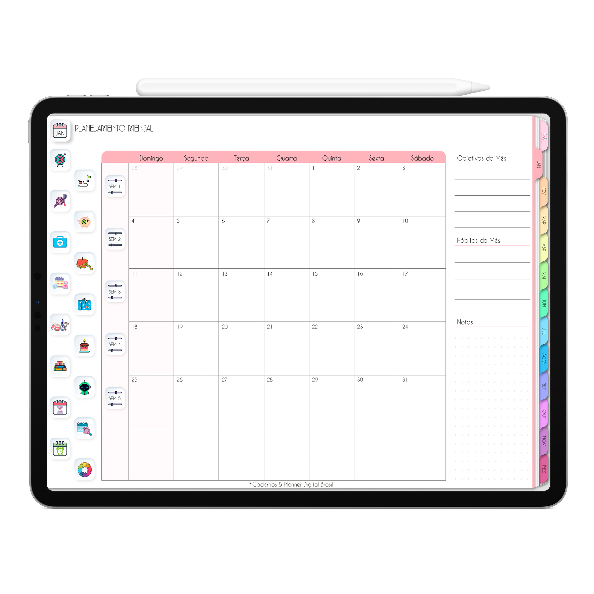 Planner Mensal, calendário mensal com botões e abas clicavéis do Planner Digital 2026 Life In Colors Horizontal da Cadernos & Planner Digital Brasil visualizada em um iPad ou Tablet Android, compatível com GoodNotes e Notein.