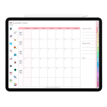 Planner Mensal, calendário mensal com botões e abas clicavéis do Planner Digital 2026 Life In Colors Horizontal da Cadernos & Planner Digital Brasil visualizada em um iPad ou Tablet Android, compatível com GoodNotes e Notein.