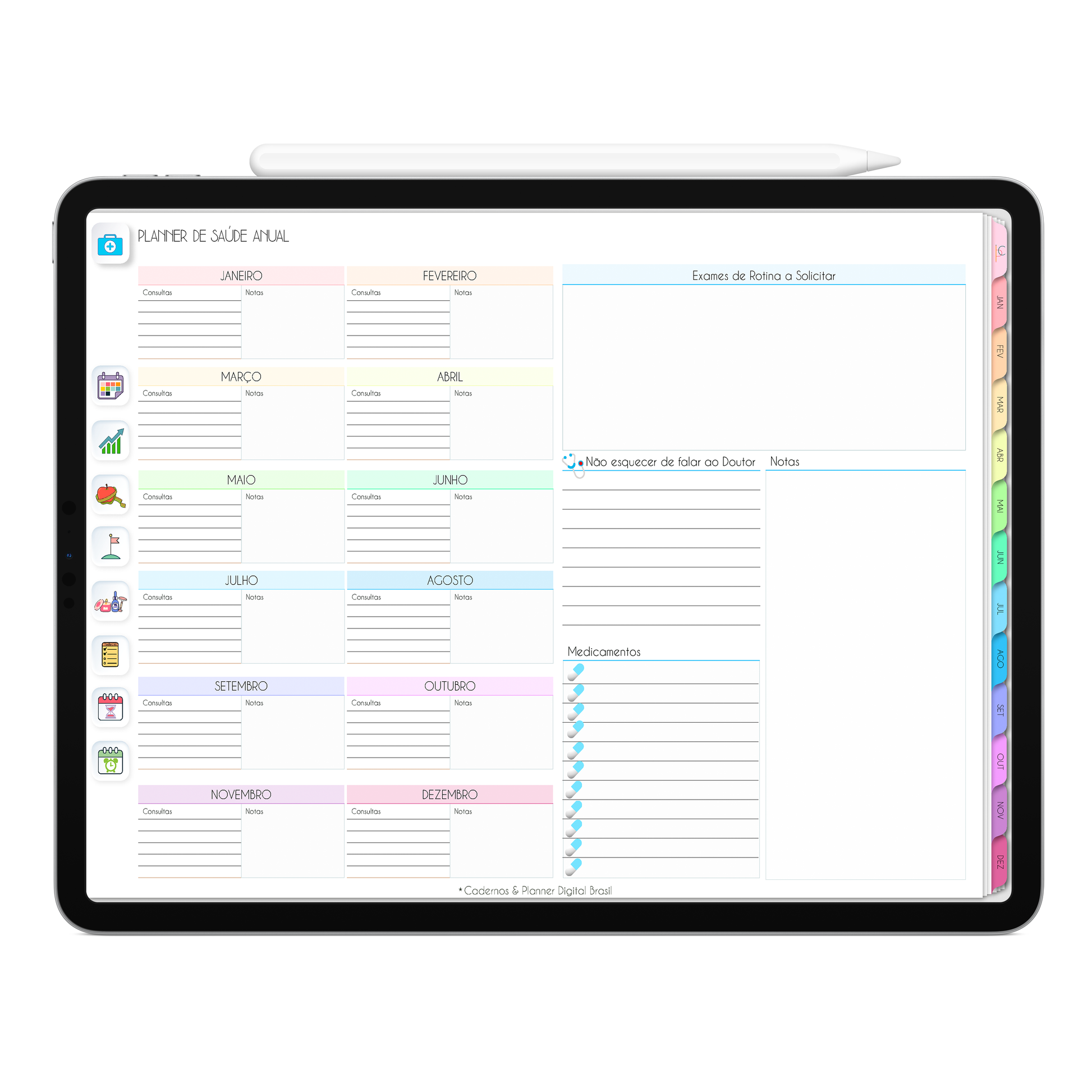 Planner de Saúde Anual do Planner Digital 2026 Life In Colors Horizontal da Cadernos & Planner Digital Brasil visualizada em um iPad ou Tablet Android, compatível com GoodNotes e Notein.