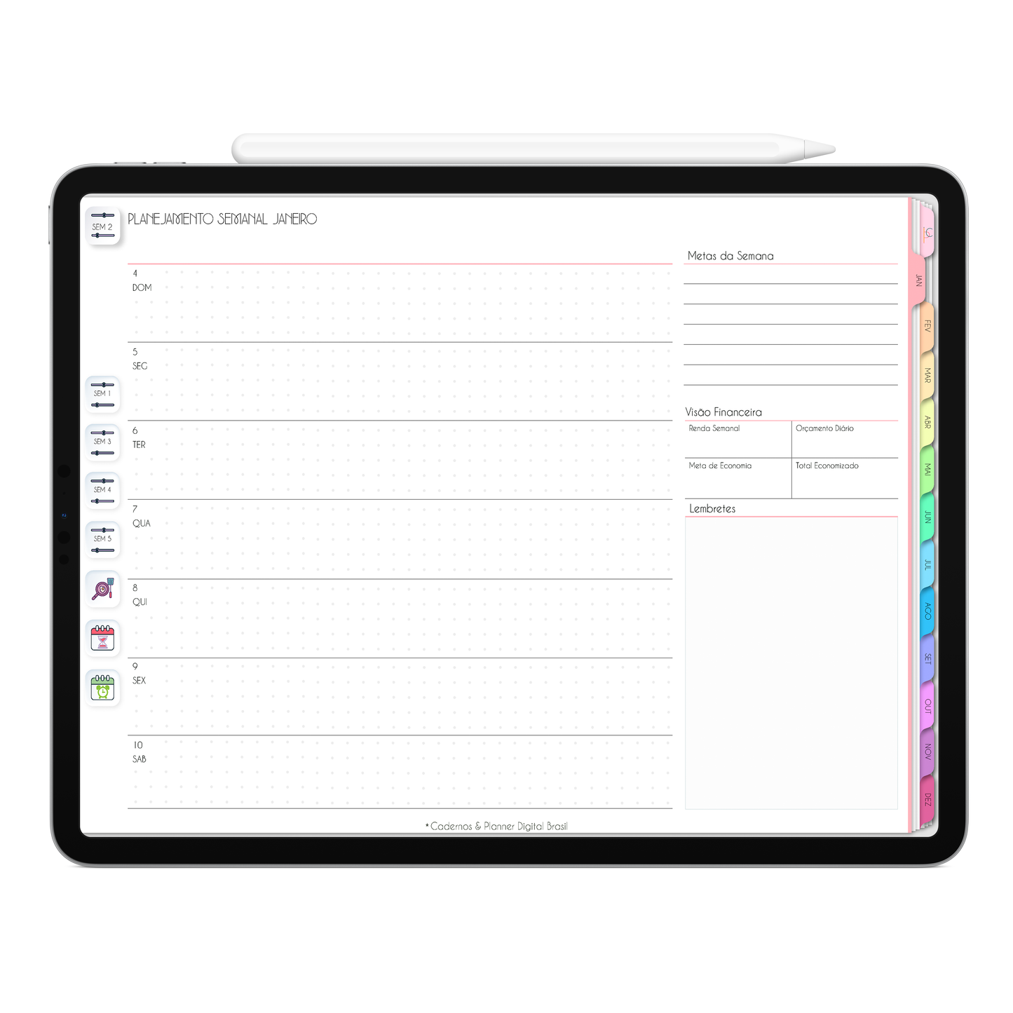 Planner Semanal com Apple calendar e Google agenda do Planner Digital 2026 Life In Colors Horizontal da Cadernos & Planner Digital Brasil visualizada em um iPad ou Tablet Android, compatível com GoodNotes e Notein.