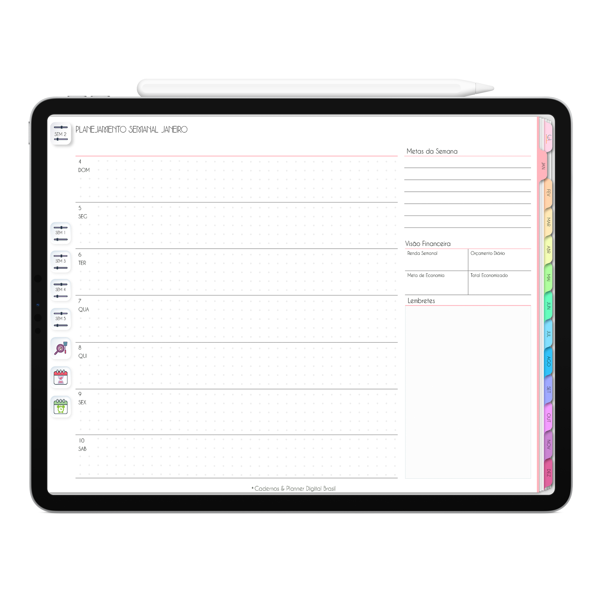 Planner Semanal com Apple calendar e Google agenda do Planner Digital 2026 Life In Colors Horizontal da Cadernos & Planner Digital Brasil visualizada em um iPad ou Tablet Android, compatível com GoodNotes e Notein.
