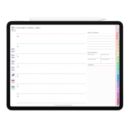 Planner Semanal com Apple calendar e Google agenda do Planner Digital 2026 Life In Colors Horizontal da Cadernos & Planner Digital Brasil visualizada em um iPad ou Tablet Android, compatível com GoodNotes e Notein.