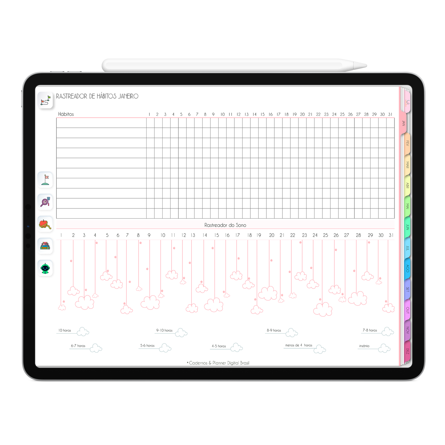 Planner rastreador de hábitos mensal, rastreador do sono e finanças do Planner Digital 2026 Life In Colors Horizontal da Cadernos & Planner Digital Brasil visualizada em um iPad ou Tablet Android, compatível com GoodNotes e Notein.