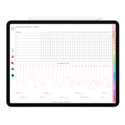 Planner rastreador de hábitos mensal, rastreador do sono e finanças do Planner Digital 2026 Life In Colors Horizontal da Cadernos & Planner Digital Brasil visualizada em um iPad ou Tablet Android, compatível com GoodNotes e Notein.