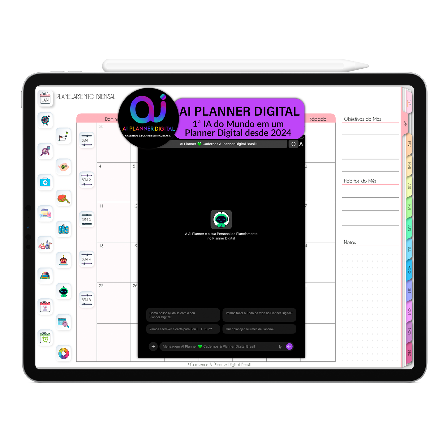 Converse com a Inteligência Artificial AI PLANNER DIGITAL do Planner Digital 2026 Life In Colors Horizontal e receba orientações das funcionalidades do planner digital e dicas de como se planejar e organizar a sua vida. 1ª IA do mundo em um Planner Digital desde 2024 da Cadernos & Planner Digital Brasil