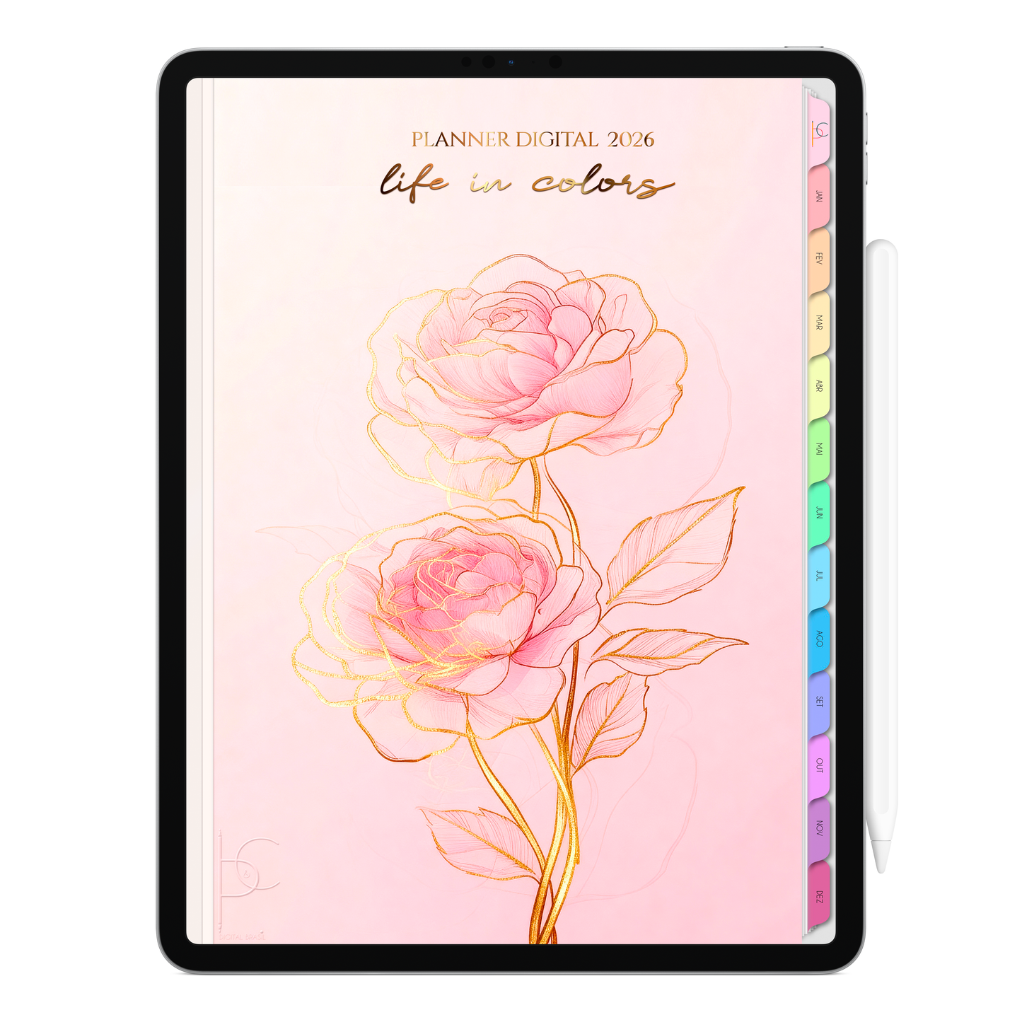 Planner Digital 2026 Vertical Life In Colors Poema em Rosas pt-BR • Para iPad e Tablet Android • Download Imediato