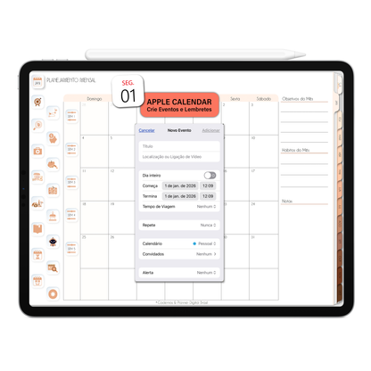 Crie lembretes e compromissos no Apple Agenda por meio do Planner Digital 2026 Minimal Universe Horizontal e receba notificações no iPad ou iPhone. Planner Digital interativo da Cadernos & Planner Digital Brasil