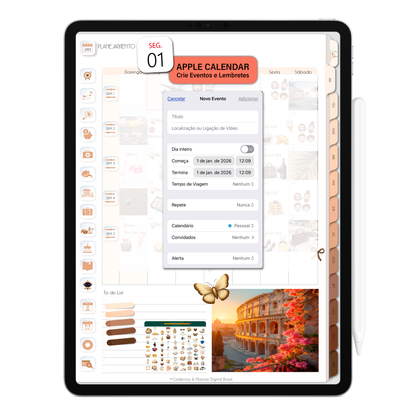 Crie lembretes e compromissos no Apple Agenda por meio do Planner Digital 2026 Minimal Universe Vertical e receba notificações no iPad ou iPhone. Planner Digital interativo da Cadernos & Planner Digital Brasil
