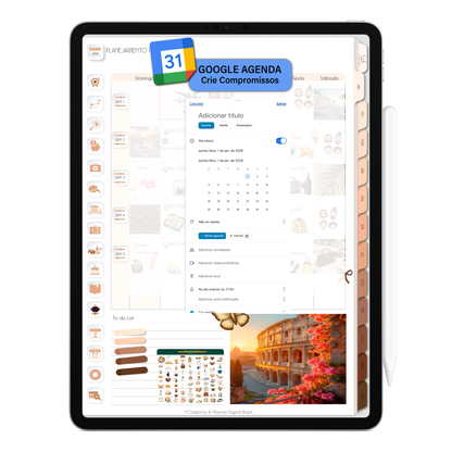 Crie lembretes e compromissos no Google Agenda por meio do Planner Digital 2026 Minimal Universe Vertical e receba notificações no iPad ou Tablet Android. Planner Digital interativo da Cadernos & Planner Digital Brasil
