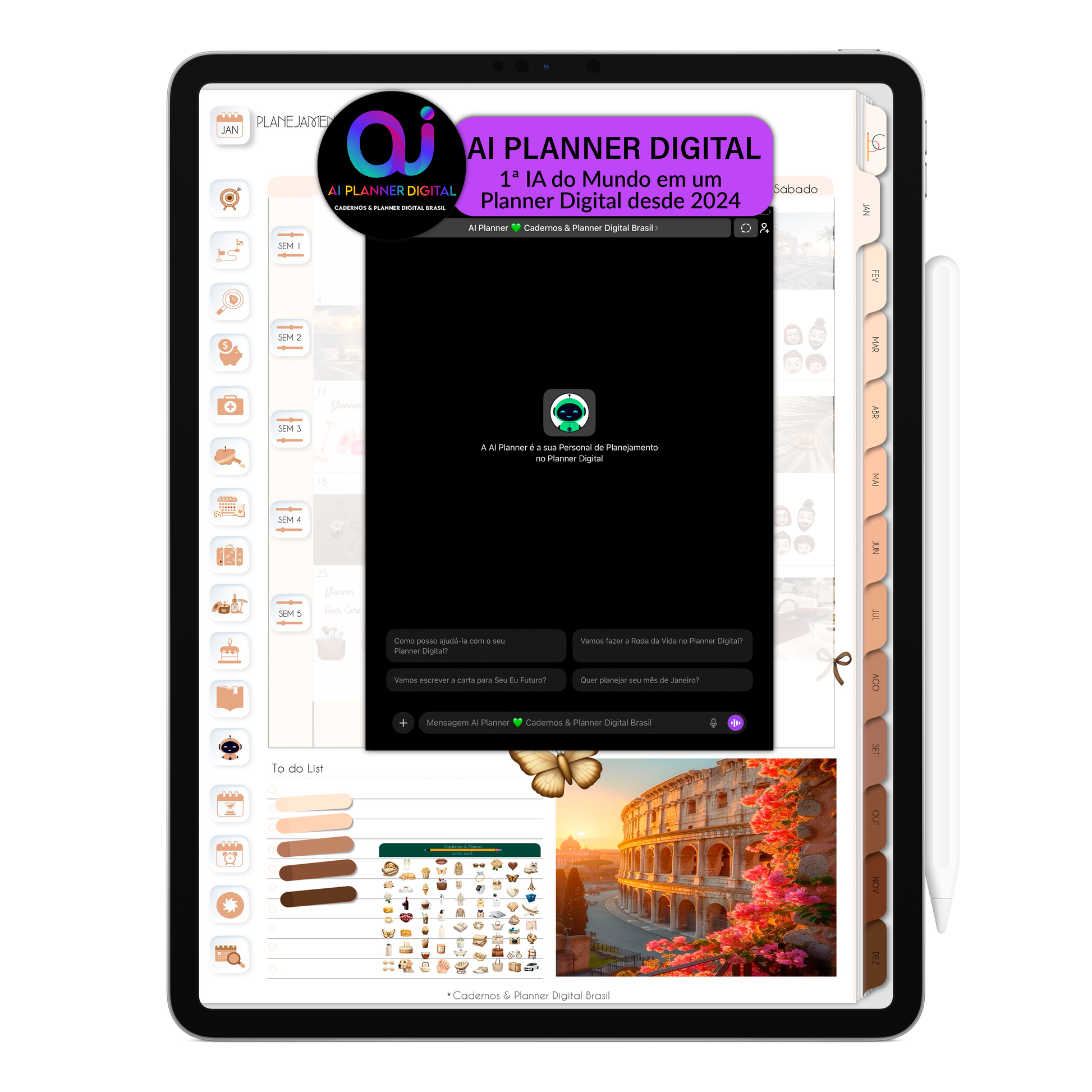 Converse com a Inteligência Artificial AI PLANNER DIGITAL do Planner Digital 2026 Minimal Universe Vertical e receba orientações das funcionalidades do planner digital e dicas de como se planejar e organizar a sua vida. 1ª IA do mundo em um Planner Digital desde 2024 da Cadernos & Planner Digital Brasil