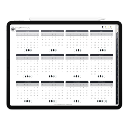 Página Calendário Anual e Lunar do Planner Digital 2026 Executivo Horizontal da Cadernos & Planner Digital Brasil visualizada em um iPad ou Tablet Android, compatível com GoodNotes e Notein.