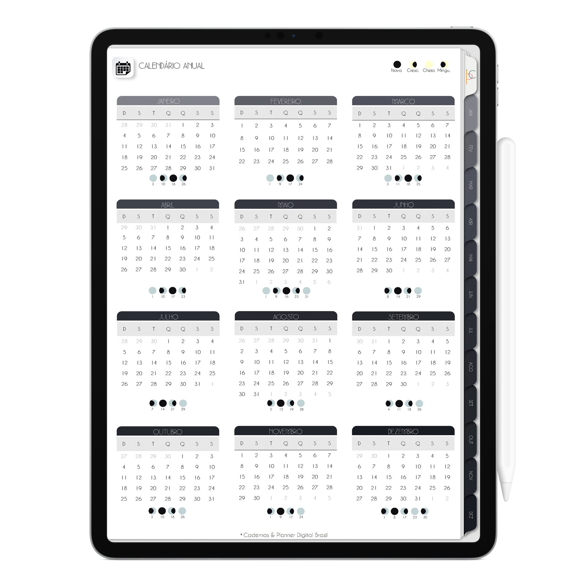 Página Calendário Anual e Lunar do Planner Digital 2026 Executivo Vertical da Cadernos & Planner Digital Brasil visualizada em um iPad ou Tablet Android, compatível com GoodNotes e Notein.