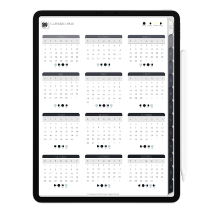Página Calendário Anual e Lunar do Planner Digital 2026 Executivo Vertical da Cadernos & Planner Digital Brasil visualizada em um iPad ou Tablet Android, compatível com GoodNotes e Notein.