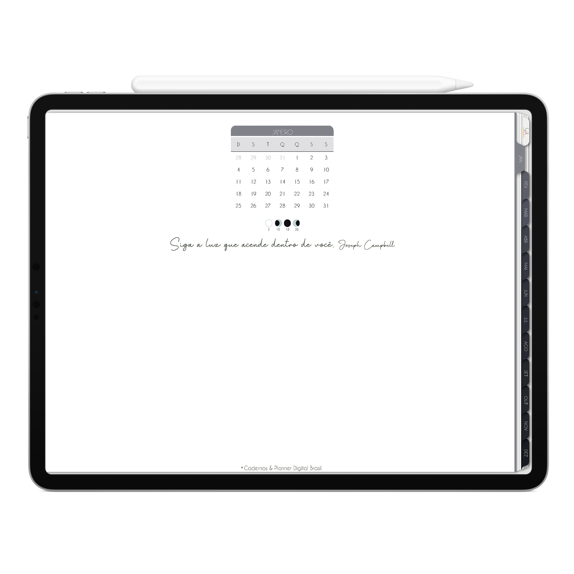 Capa e Moodboard do mês do Planner Digital 2026 Executivo Horizontal da Cadernos & Planner Digital Brasil visualizada em um iPad ou Tablet Android, compatível com GoodNotes e Notein.