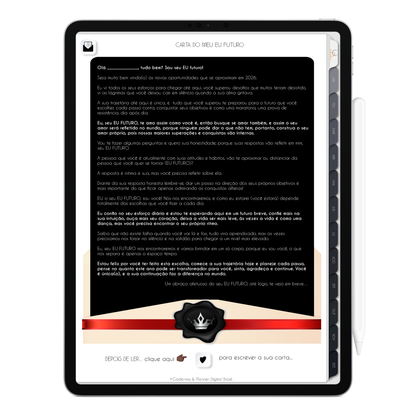 Carta do Seu Eu Futuro do Planner Digital 2026 Executivo Vertical da Cadernos & Planner Digital Brasil visualizada em um iPad ou Tablet Android, compatível com GoodNotes e Notein.