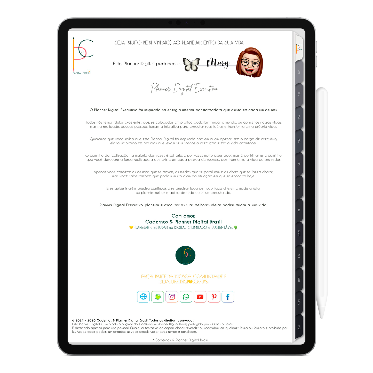 História do Planner Digital da Coleção Executivo 2026 Vertical da Cadernos & Planner Digital Brasil visualizada em um iPad ou Tablet Android, compatível com GoodNotes e Notein.