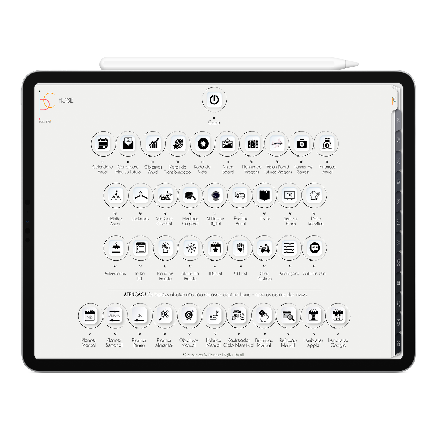 Página Home do Planner Digital 2026 Executivo Horizontal da Cadernos & Planner Digital Brasil visualizada em um iPad ou Tablet Android, compatível com GoodNotes e Notein.