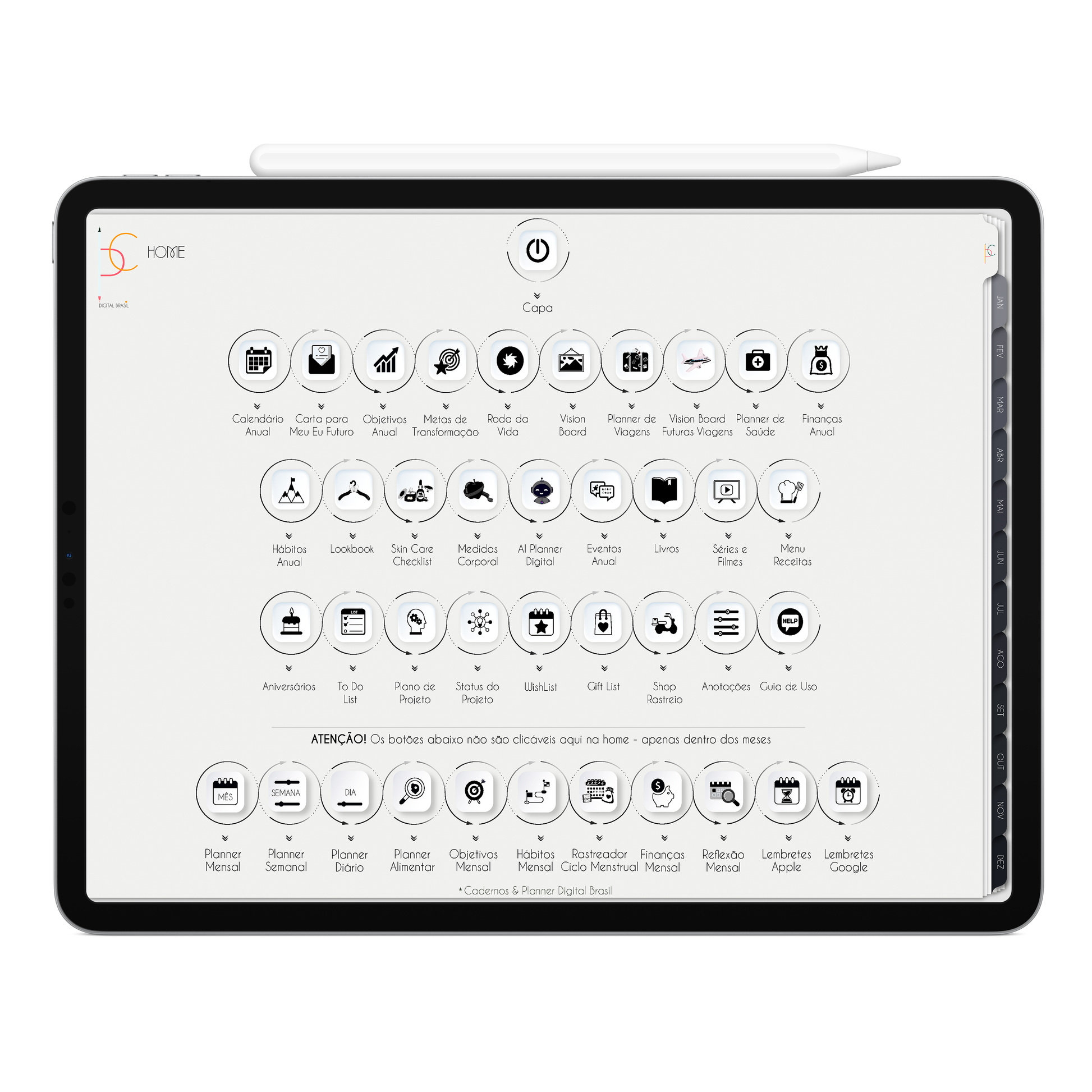 Página Home do Planner Digital 2026 Executivo Horizontal da Cadernos & Planner Digital Brasil visualizada em um iPad ou Tablet Android, compatível com GoodNotes e Notein.