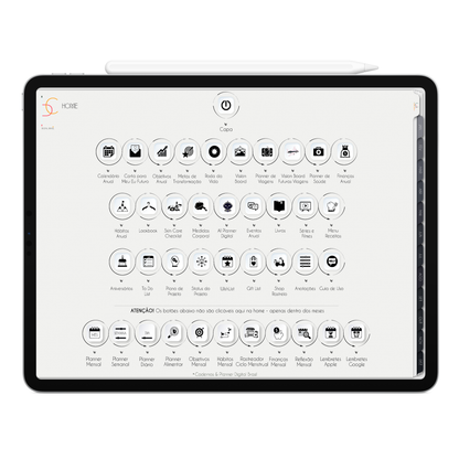 Página Home do Planner Digital 2026 Executivo Horizontal da Cadernos & Planner Digital Brasil visualizada em um iPad ou Tablet Android, compatível com GoodNotes e Notein.