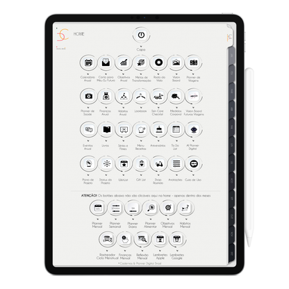 Página Home do Planner Digital 2026 Executivo Vertical da Cadernos & Planner Digital Brasil visualizada em um iPad ou Tablet Android, compatível com GoodNotes e Notein.