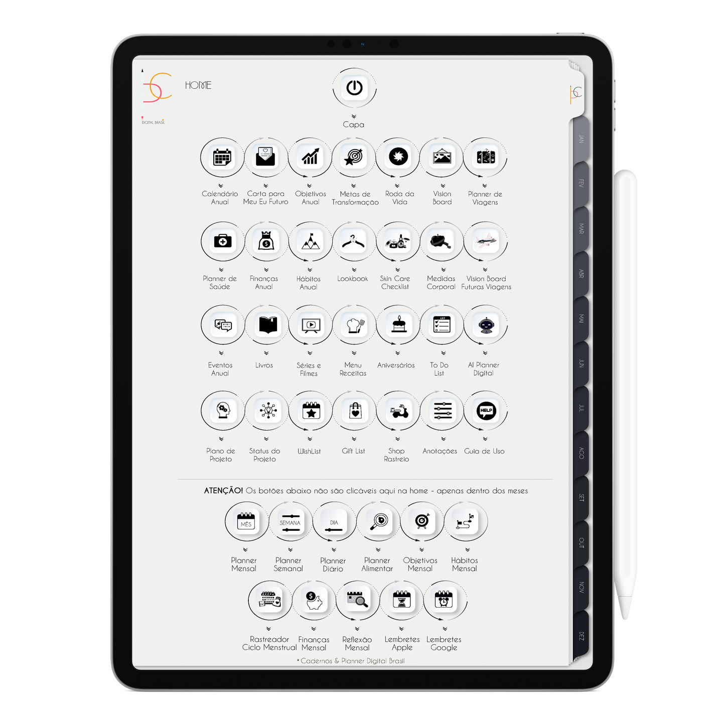 Home do Planner Digital Executivo com botões clicaveis e interativos para clicar e acessar as páginas de planejamento anual, abas mensal e botões para páginas de planejamento anual, semanal, mensal e diário. para uso no iPad ou Tablet Android, Tablet Samsung.