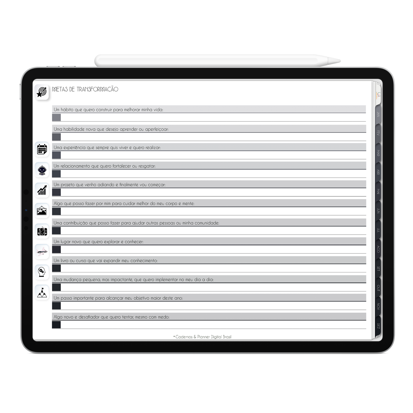 Metas de transformação para 2026 do Planner Digital 2026 Executivo Horizontal da Cadernos & Planner Digital Brasil visualizada em um iPad ou Tablet Android, compatível com GoodNotes e Notein.