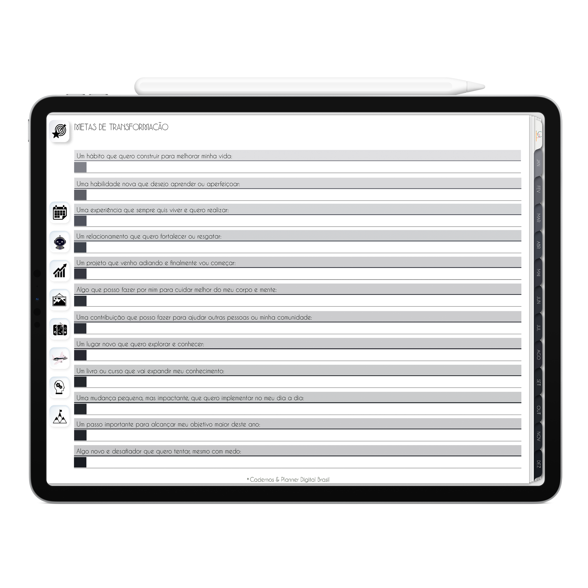 Metas de transformação para 2026 do Planner Digital 2026 Executivo Horizontal da Cadernos & Planner Digital Brasil visualizada em um iPad ou Tablet Android, compatível com GoodNotes e Notein.
