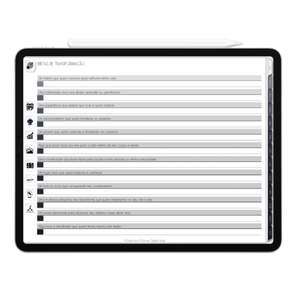 Metas de transformação para 2026 do Planner Digital 2026 Executivo Horizontal da Cadernos & Planner Digital Brasil visualizada em um iPad ou Tablet Android, compatível com GoodNotes e Notein.