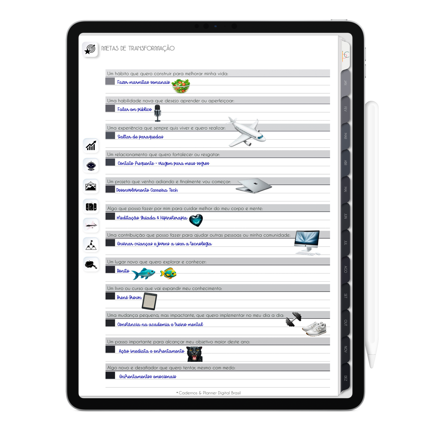 Metas de transformação do Planner Digital 2026 Executivo Vertical da Cadernos & Planner Digital Brasil visualizada em um iPad ou Tablet Android, compatível com GoodNotes e Notein.