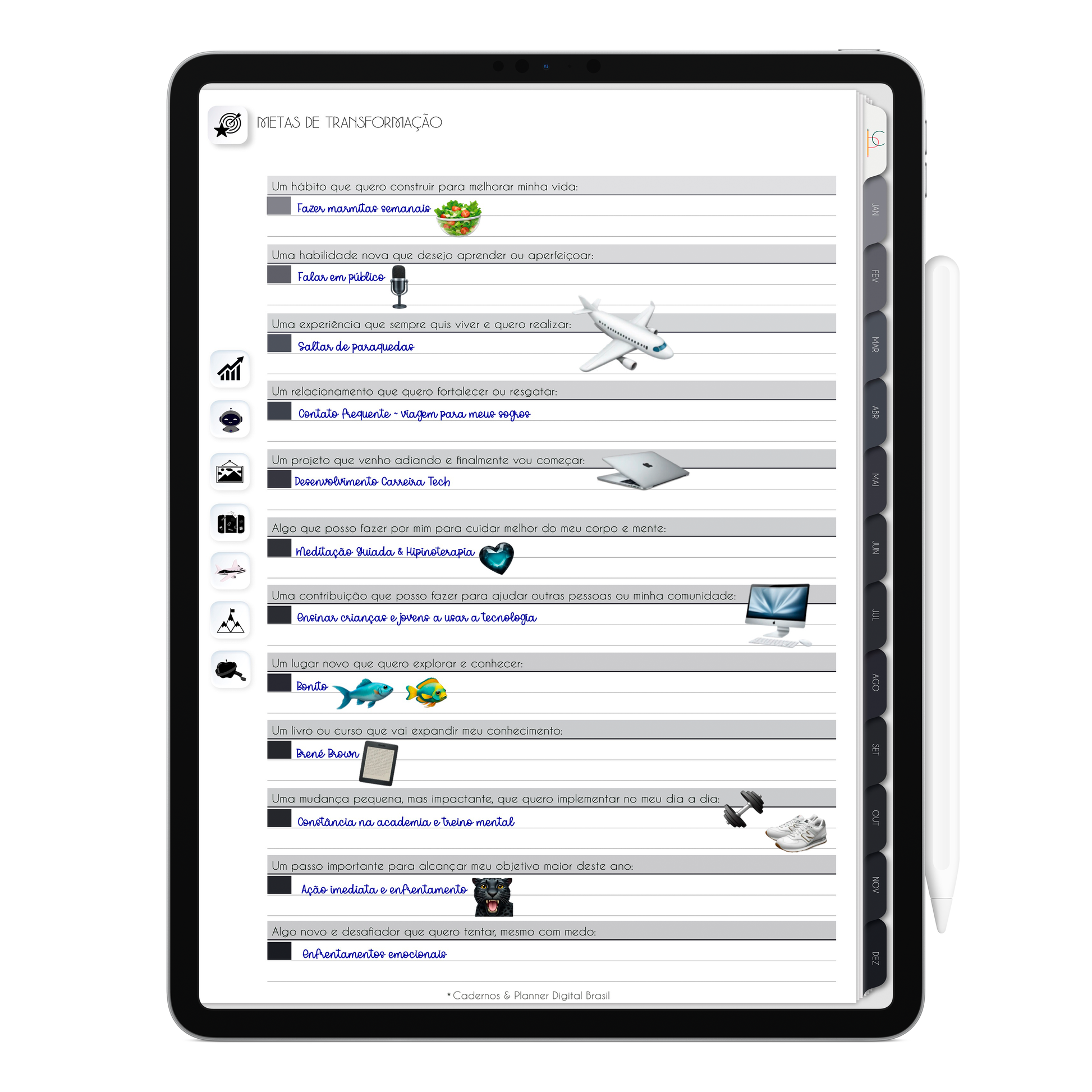 Metas de transformação do Planner Digital 2026 Executivo Vertical da Cadernos & Planner Digital Brasil visualizada em um iPad ou Tablet Android, compatível com GoodNotes e Notein.