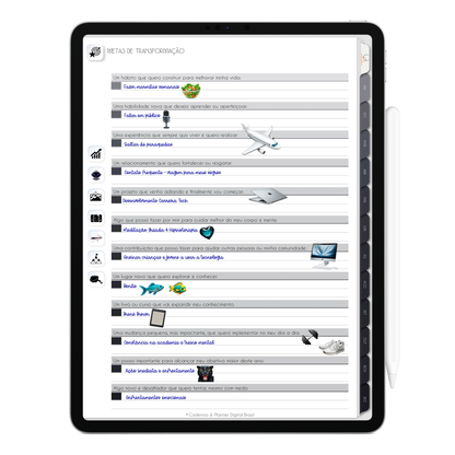 Metas de transformação do Planner Digital 2026 Executivo Vertical da Cadernos & Planner Digital Brasil visualizada em um iPad ou Tablet Android, compatível com GoodNotes e Notein.