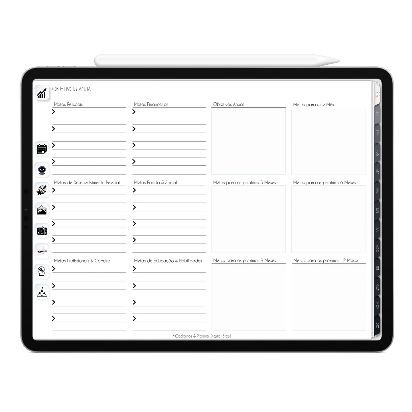Página Objetivos Anual com seção para definir metas das áreas da vida do Planner Digital 2026 Executivo Horizontal da Cadernos & Planner Digital Brasil visualizada em um iPad ou Tablet Android, compatível com GoodNotes e Notein.
