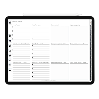 Página Objetivos Anual com seção para definir metas das áreas da vida do Planner Digital 2026 Executivo Horizontal da Cadernos & Planner Digital Brasil visualizada em um iPad ou Tablet Android, compatível com GoodNotes e Notein.