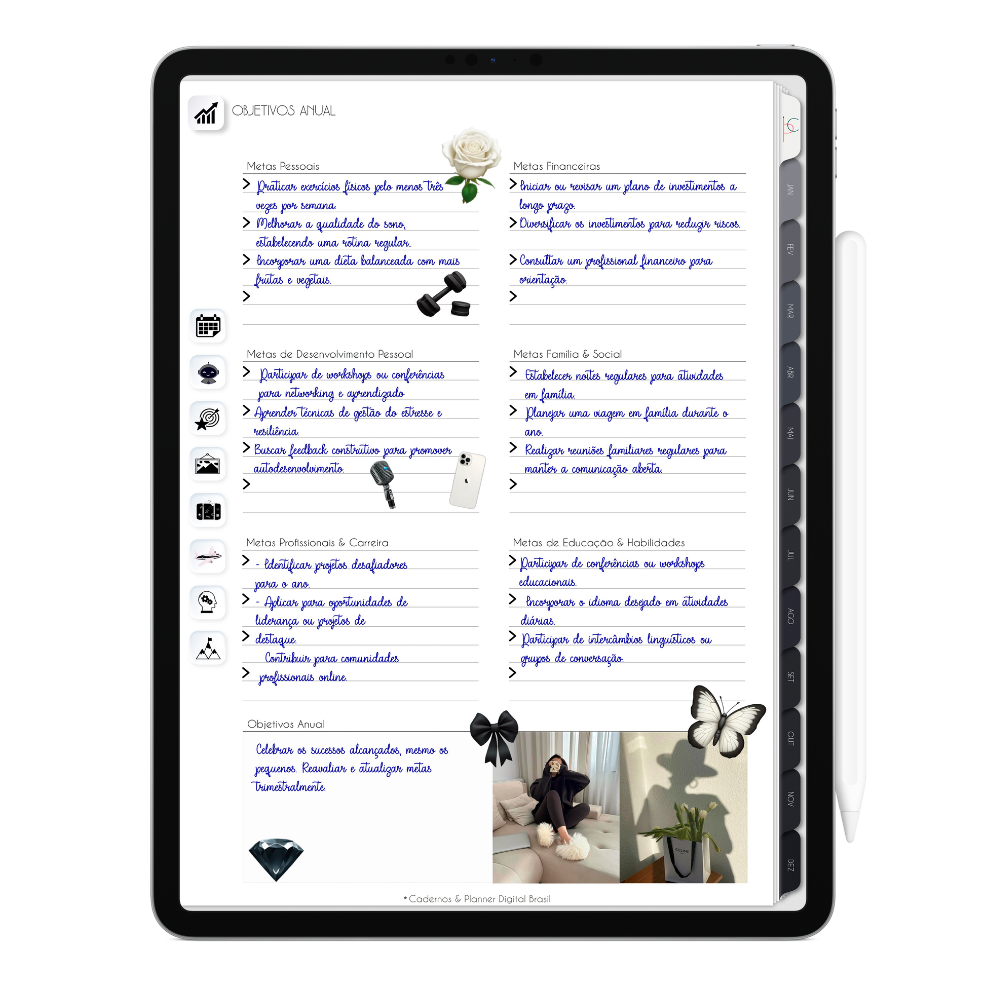 Página Objetivos Anual com seção para definir metas das áreas da vida do Planner Digital 2026 Executivo Vertical da Cadernos & Planner Digital Brasil visualizada em um iPad ou Tablet Android, compatível com GoodNotes e Notein.