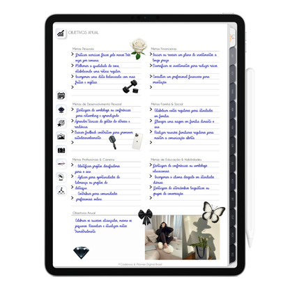 Página Objetivos Anual com seção para definir metas das áreas da vida do Planner Digital 2026 Executivo Vertical da Cadernos & Planner Digital Brasil visualizada em um iPad ou Tablet Android, compatível com GoodNotes e Notein.