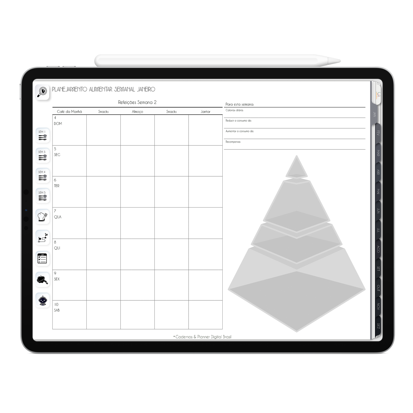 Planner Alimentar semanal para as 53 semanas do ano do Planner Digital 2026 Executivo Horizontal da Cadernos & Planner Digital Brasil visualizada em um iPad ou Tablet Android, compatível com GoodNotes e Notein.