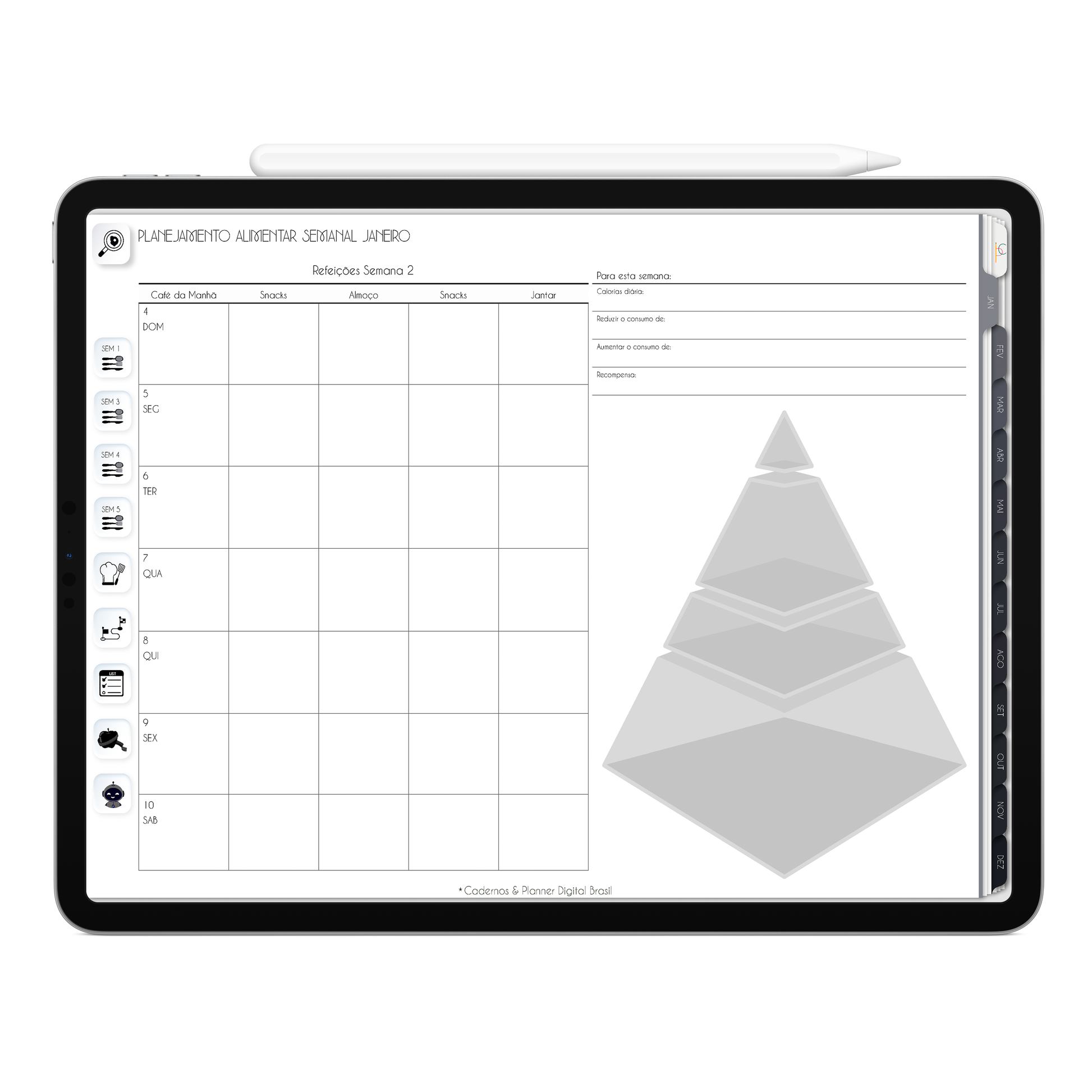 Planner Alimentar semanal para as 53 semanas do ano do Planner Digital 2026 Executivo Horizontal da Cadernos & Planner Digital Brasil visualizada em um iPad ou Tablet Android, compatível com GoodNotes e Notein.