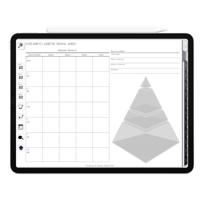 Planner Alimentar semanal para as 53 semanas do ano do Planner Digital 2026 Executivo Horizontal da Cadernos & Planner Digital Brasil visualizada em um iPad ou Tablet Android, compatível com GoodNotes e Notein.