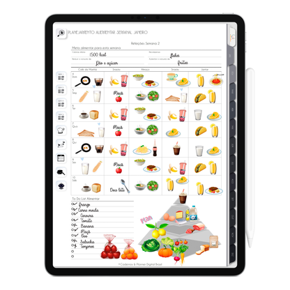Planner Alimentar semanal para as 53 semanas do ano do Planner Digital 2026 Executivo Vertical da Cadernos & Planner Digital Brasil visualizada em um iPad ou Tablet Android, compatível com GoodNotes e Notein.