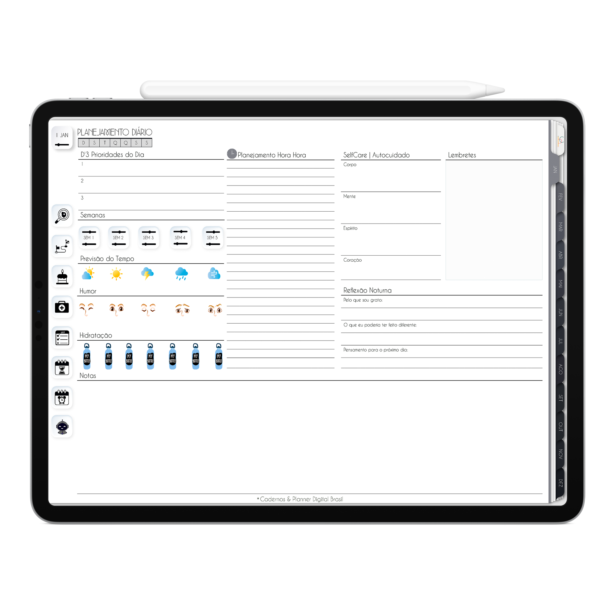 Planner Diário, planejamento do dia com agenda hora a hora no Planner Digital 2026 Executivo Horizontal da Cadernos & Planner Digital Brasil visualizada em um iPad ou Tablet Android, compatível com GoodNotes e Notein.