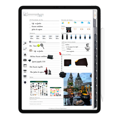 Planner Diário, planejamento do dia com agenda hora a hora no Planner Digital 2026 Executivo Vertical da Cadernos & Planner Digital Brasil visualizada em um iPad ou Tablet Android, compatível com GoodNotes e Notein.