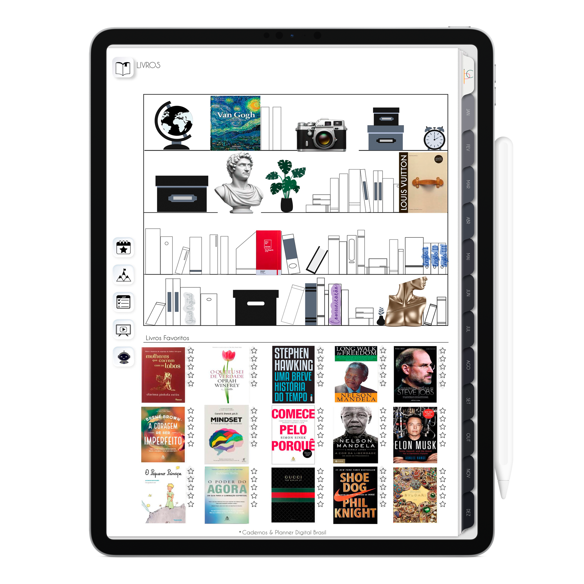 Estante de livros, leituras e avaliações dos livros lidos do Planner Digital 2026 Executivo Vertical da Cadernos & Planner Digital Brasil visualizada em um iPad ou Tablet Android, compatível com GoodNotes e Notein.