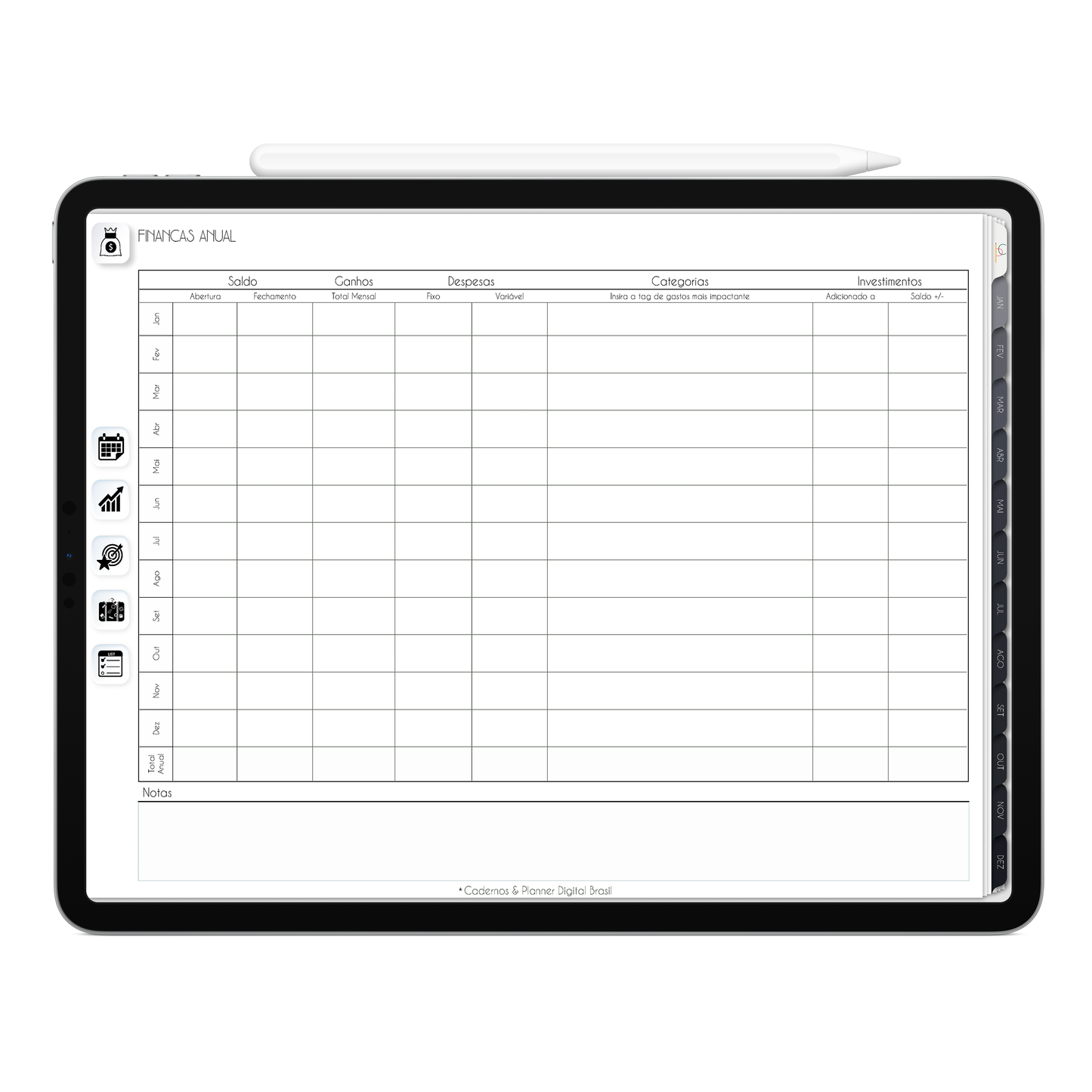 Planner Financeiro de finanças anual do Planner Digital 2026 Executivo Horizontal da Cadernos & Planner Digital Brasil visualizada em um iPad ou Tablet Android, compatível com GoodNotes e Notein.