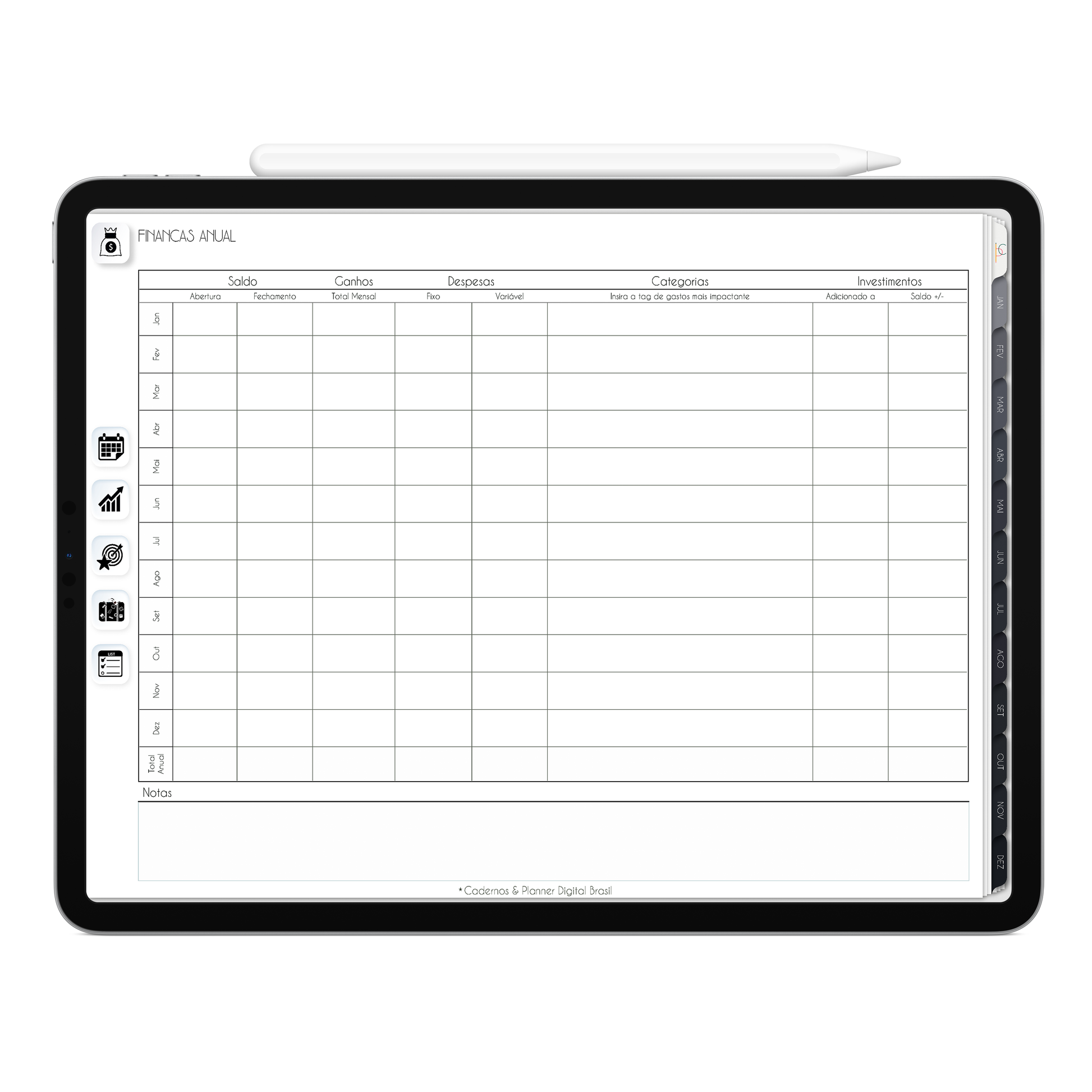 Planner Financeiro de finanças anual do Planner Digital 2026 Executivo Horizontal da Cadernos & Planner Digital Brasil visualizada em um iPad ou Tablet Android, compatível com GoodNotes e Notein.