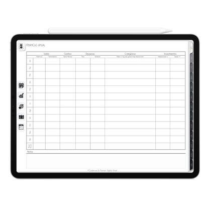 Planner Financeiro de finanças anual do Planner Digital 2026 Executivo Horizontal da Cadernos & Planner Digital Brasil visualizada em um iPad ou Tablet Android, compatível com GoodNotes e Notein.